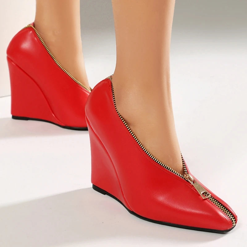 Sexy Women's Wedge High Heels Pumps Shoes Sexy Zipper Black Red White Wedges Heeled Large Size Office Party Wedding Shoes Ladies