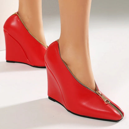 Sexy Women's Wedge High Heels Pumps Shoes Sexy Zipper Black Red White Wedges Heeled Large Size Office Party Wedding Shoes Ladies