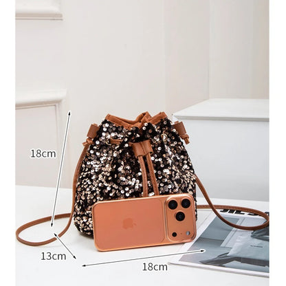 New Chic Multicolor Sequin Shing Shoulder Bag Fashion Versatile Handbag Drawstring Bucket Bag Large Capacity Wallet Purse Bags