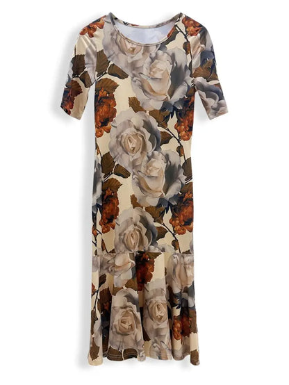 Women's Slim Fit round Neck Print Dress Hip Hugging Commuter Dress Slimming Temperament Fashion for Ladies