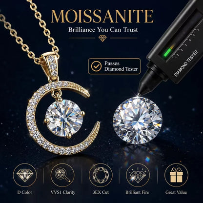 S925 Sterling Silver Moissanite Crescent Moon Necklace Dancing Stone Pendant Gold Silver Tone Fine Jewelry Gift for Women