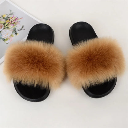 Women's Summer Faux Fur Fox Fur Slippers Fashion Luxury Indoor and Outdoor Non-Slip Solid Color Flat Bottom Furry Sandals