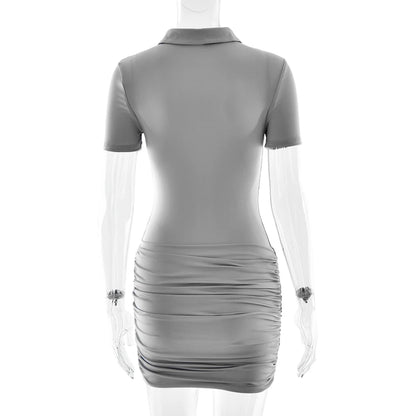 Sibybo Polo Collar Zipper Women Jumpsuits Set Short Sleeve High Elastic Rompers Ruched Bodycon Skirt Spring Casual Matching Sets