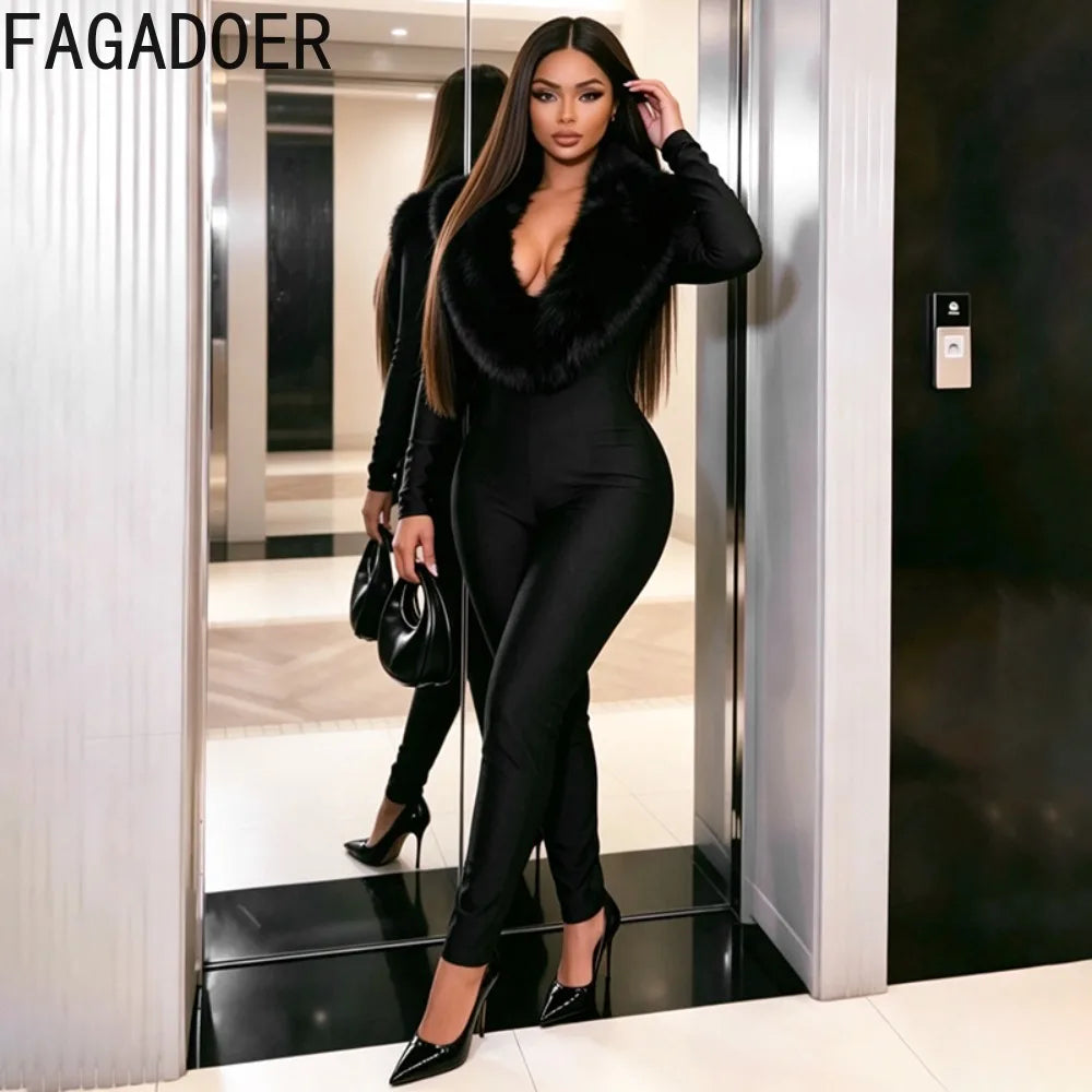 FAGADOER Women Fall Winter Bodycon Jumpsuit Faux Fur Collar Long Sleeve Deep V Neck Slim Fit Sexy Club Party One Piece Outfit