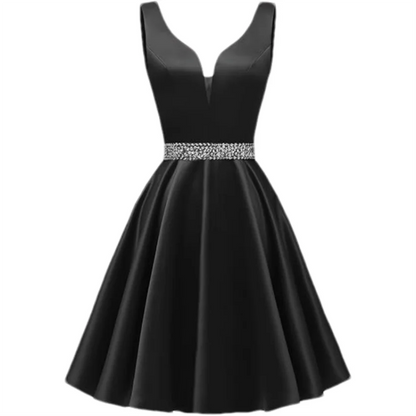 Customized Simple Satin Homecoming Dresses for Teens Short Prom Dress V-Neck Beaded Belts Evening Formal Cocktail Party Gowns