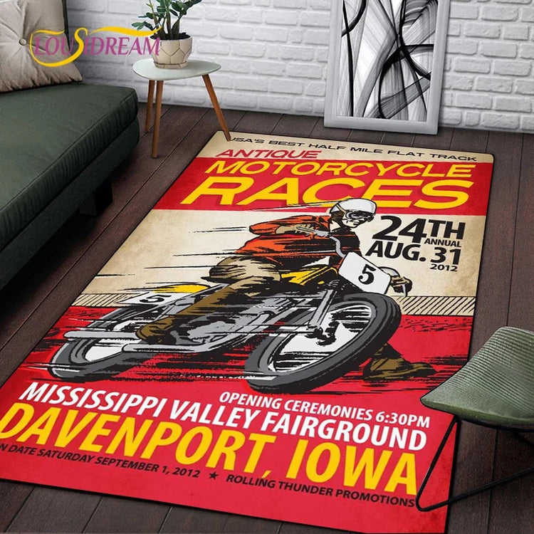 Retro Motorcycle Area Rug Carpet Moto Fans Non-slip Large Door Step Mat Bathmat for Living Room Bedroom Entrance Home Decoration