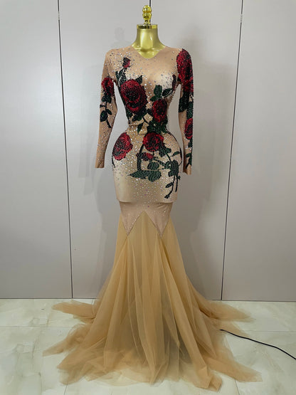 Women Sparkly Diamonds Rose Floral Long Sleeves Floor-Length Dress Eveing Celebrate Birthday Party Nightclub Sexy Stage Costume