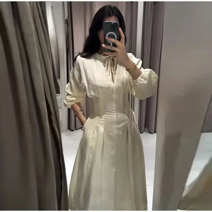 Women's Dress 2026 Summer New Beige Long-Sleeve Loose Tie-Decorated Long Dress Elegant and Graceful Beach Vacation