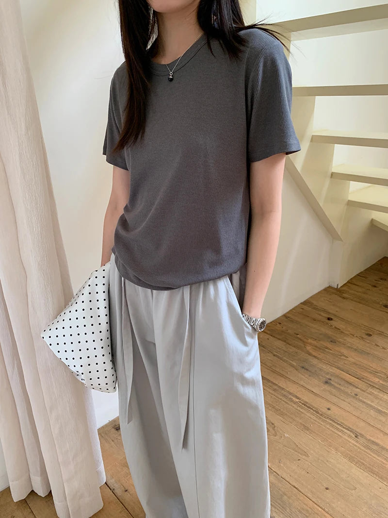 RZIV Summer women's casual solid color round neck short sleeved T-shirt