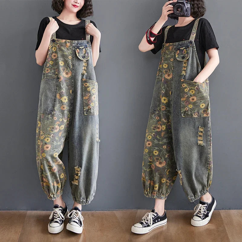 Casual Print Floral Plus Size Denim Jumpsuits Women Loose Wide Leg Straps Baggy Pants Woman Dungarees Streetwear Jeans Overalls