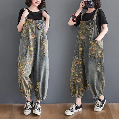 Casual Print Floral Plus Size Denim Jumpsuits Women Loose Wide Leg Straps Baggy Pants Woman Dungarees Streetwear Jeans Overalls