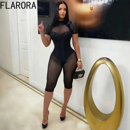 FLARORA Sexy Mesh See Through Rompers Woman Trend O Neck Short Sleeve Skinny Peach Hip Playsuits Stretch Midnight Party Clubwear