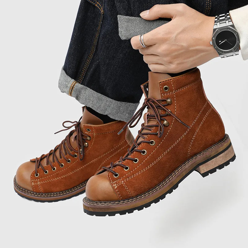 Retro tooling boots cycling boots men's mid-help autumn and winter leather boots locomotive brown trendy shoes 20238-L