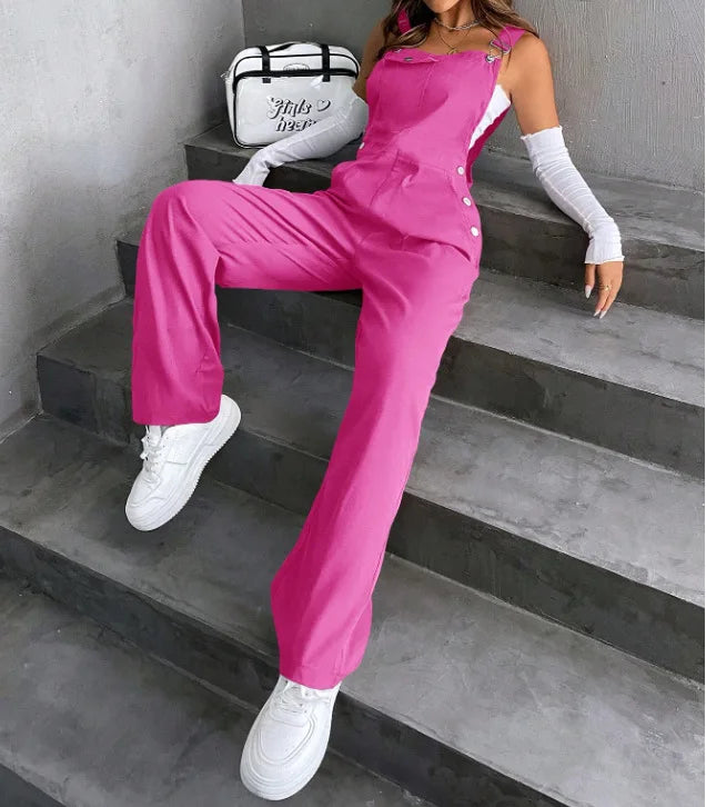 Women's Casual Bib Overalls Adjustable Shoulder Strap Pocket Wide Leg Jumpsuit Loose Straight Women Streetwear Suspender Pants