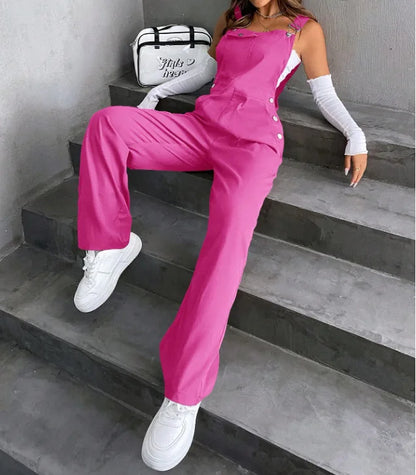 Women's Casual Bib Overalls Adjustable Shoulder Strap Pocket Wide Leg Jumpsuit Loose Straight Women Streetwear Suspender Pants