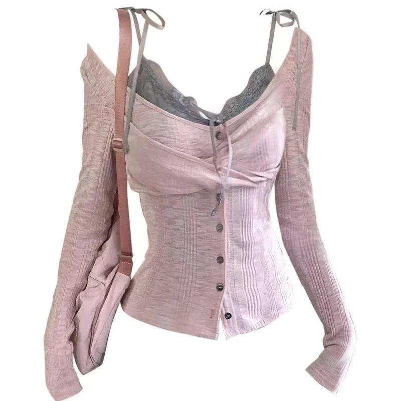Korean Fashion Elegant Patchwork Lace Tops Slim Casual Long Sleeve Blouse 2000s American Vintage Sweet Pullover Chic