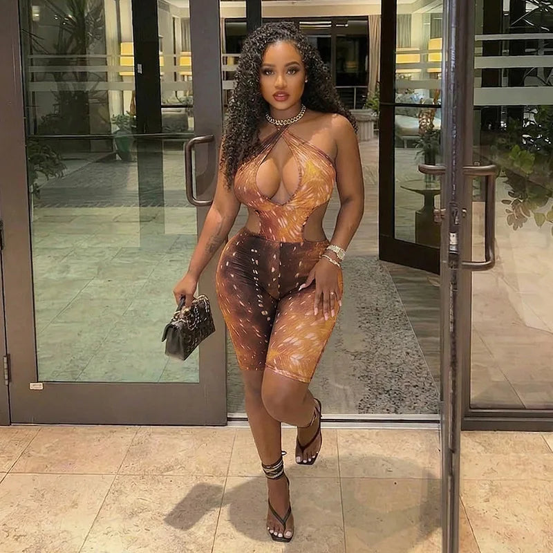 FAGADOER Deer Print Sexy Hollow Out Romper Hot Girl Bandage Halter Shorts Backless Bodycon Jumpsuits New Trendy Streetwear