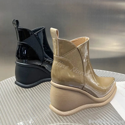 Fashion Height Increasing Wedges Ankle Boots Women Pointed Toe Platform Slip On Solid Leather Boots 2025 Simple Comfortable Boot