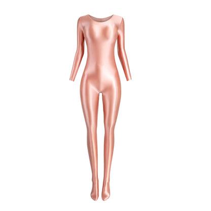 MJINM Women Smooth Overalls Long Sleeve Tights Round Neck Full Length Stretch Zentai Bodysuits Yoga Fitness One Piece Jumpsuits
