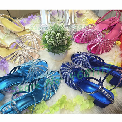 Crystal Caged Mid Block Heel Satin Sandals Women Metallic Leather Luxury Feminine Shoes Ladies Summer Ankle Strap Evening Shoes