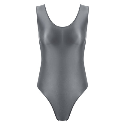 Women's Swimsuit One Piece Swimwear Oil Glossy Stretchy Gym Fitness Long Sleeve Round Neck Tights Leotard Bodysuit Clubwear