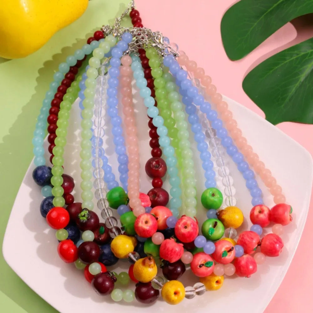 Dopamine 3D Fruit Beaded Necklace Bohemian Retro Pomegranate Strawberry Tomato Choker Exaggerated Bracelet Bikini Jewelry Gift