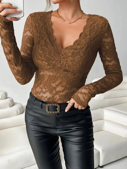 Women Lace V Neck Long Sleeve Sheer Mesh Floral Lace Top Slim Fit See Through Bodycon Jumpsuit for Party Clubwear Daily Wear