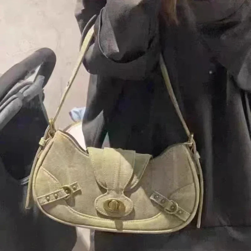Y2k Vintage Shoulder Bag American Street Style Rivets Green Canvas Handbag Gothic Punk Biker Cool Designers Underarm Bag Handbag