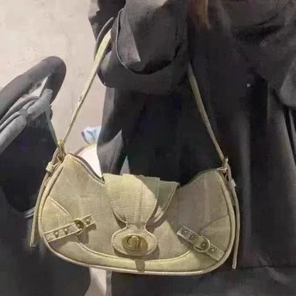 Y2k Vintage Shoulder Bag American Street Style Rivets Green Canvas Handbag Gothic Punk Biker Cool Designers Underarm Bag Handbag