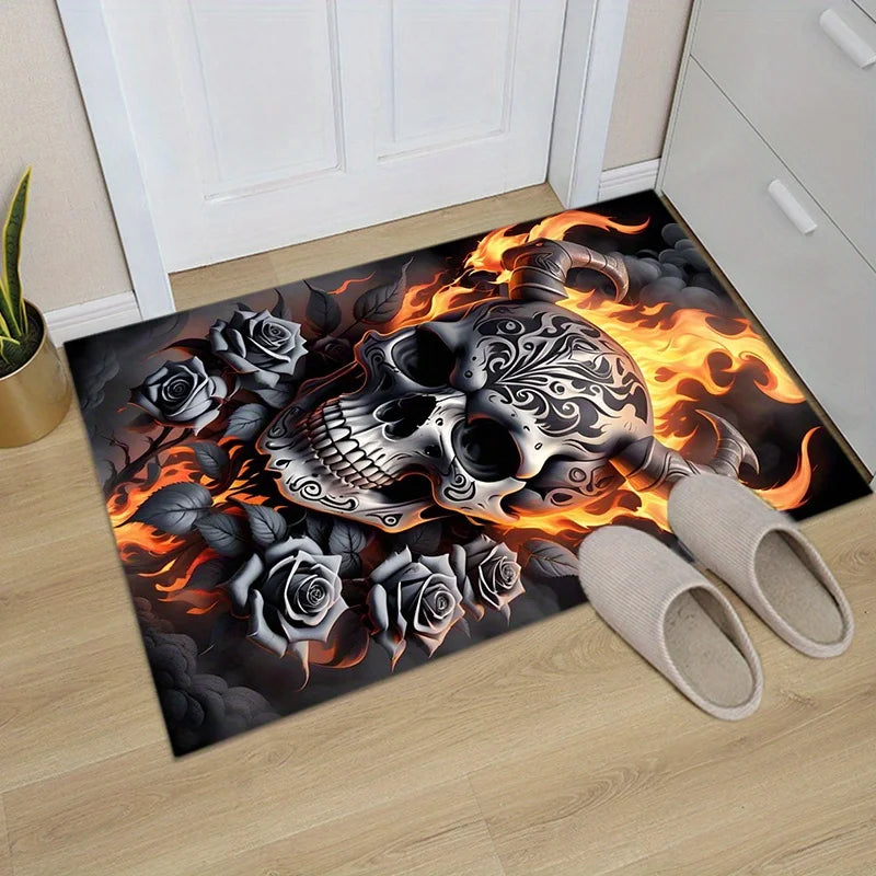 Black Skull Non Slip Rug, Stylish Floor Mat, Perfect for Patio Garden Bedroom Living Room, Gothic Home Decor Accent