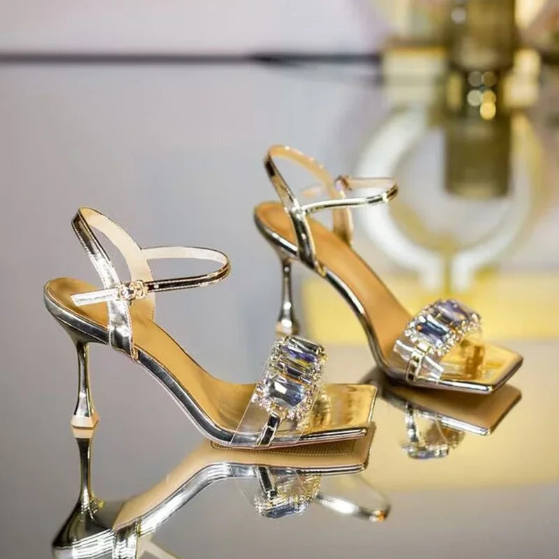 Gold Silver High Heels Sandals Women 2025 Summer Square Toe Shiny Crystal Sandals Woman Ankle Straps Thin Heel Party Pumps Shoes