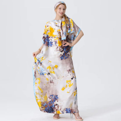 1 piece, colorful floral satin long dress, women's loose long dress, with the same color headscarf, fashionable beach robe