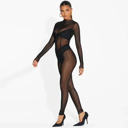 Hugcitar Mesh Long Sleeve Black Zip Up See Through Sheer Sexy Bodycon Jumpsuit 2025 Summer Women Romper Beach Festival Club Y2K