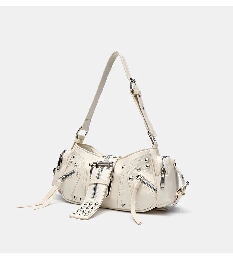 Women's Y2k Punk Vintage Shoulder Purse PU Leather Gothic Rivet Handbag Waist Bag Luxury Black Cross Body Bags with Spikes