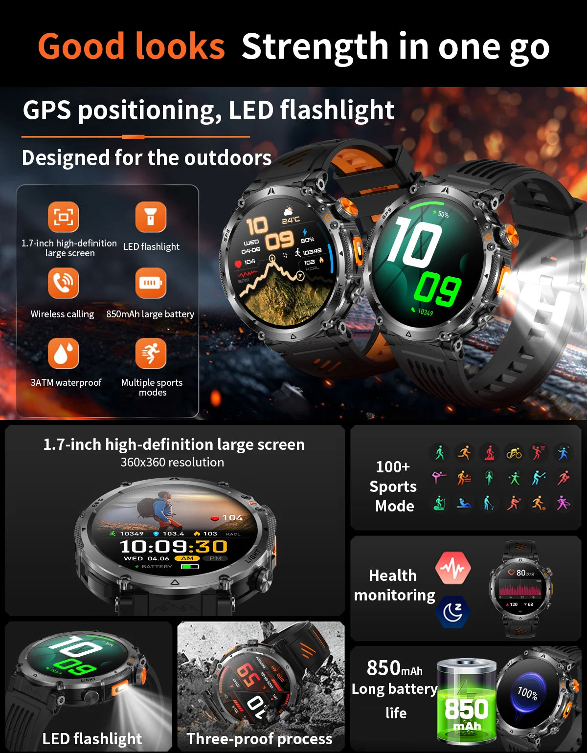 COANR2026 New Military Smart Watch 850mAh Battery GPS trace Compass 3ATM Waterproof Tactics Sport Flashlight call SmartWatch Men
