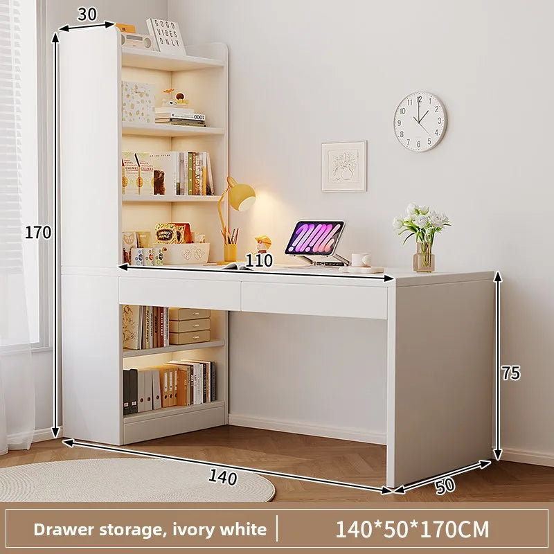 Multi-functional Computer desk Cream wind bookshelf integrated bedroom study table white corner desk