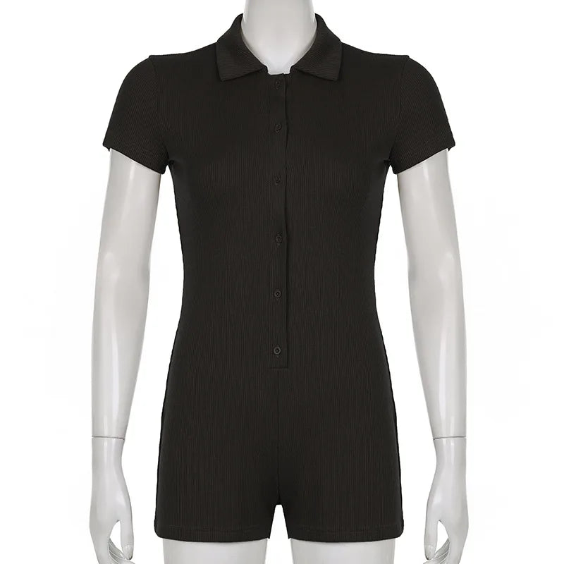Fashion Solid Color Lapel Short Playsuit One-Piece Slim Fit Button Down Short Sleeve Rompers Casual Knit Y2k Womens Clothing