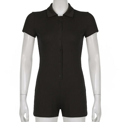 Fashion Solid Color Lapel Short Playsuit One-Piece Slim Fit Button Down Short Sleeve Rompers Casual Knit Y2k Womens Clothing