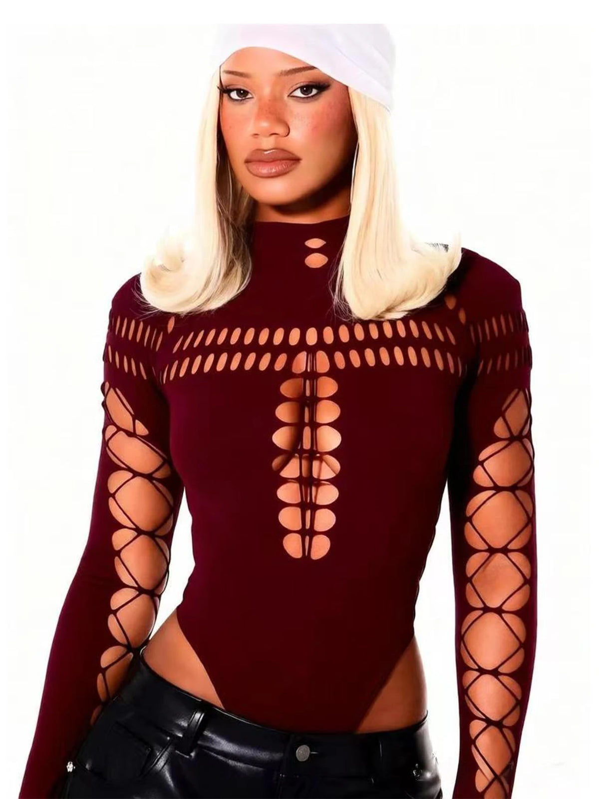 FHSEER SummerWomen's Y2K Sexy Bodysuit High Neck Bodycon Front Cutout & Lace-up Mesh Sleeve Stretchy Edggy Clubwear Streetwear