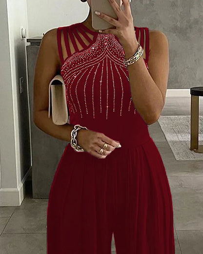 Mandylandy Wide Leg Jumpsuit Waist Diamond Sleeveless Solid Color Rompers Summer Jumpsuits Women O-neck Straight Pants Jumpsuits