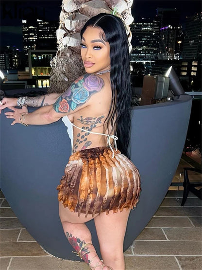 kliou Summer Women Mini Sexy Mesh Two Piece Set K23S37851 Girl Print Ruched Halter Camisole+Hip Skirt Outfit Dance Club Attire
