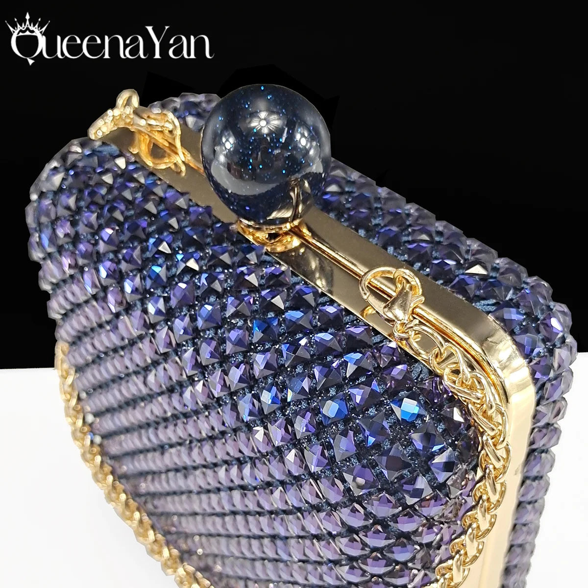 Queena Yan 2026 Italian Design Rhinestone Luxury Navy Blue Pointed Toe Shoe & Bag Set Women High Heels for Parties High Quality