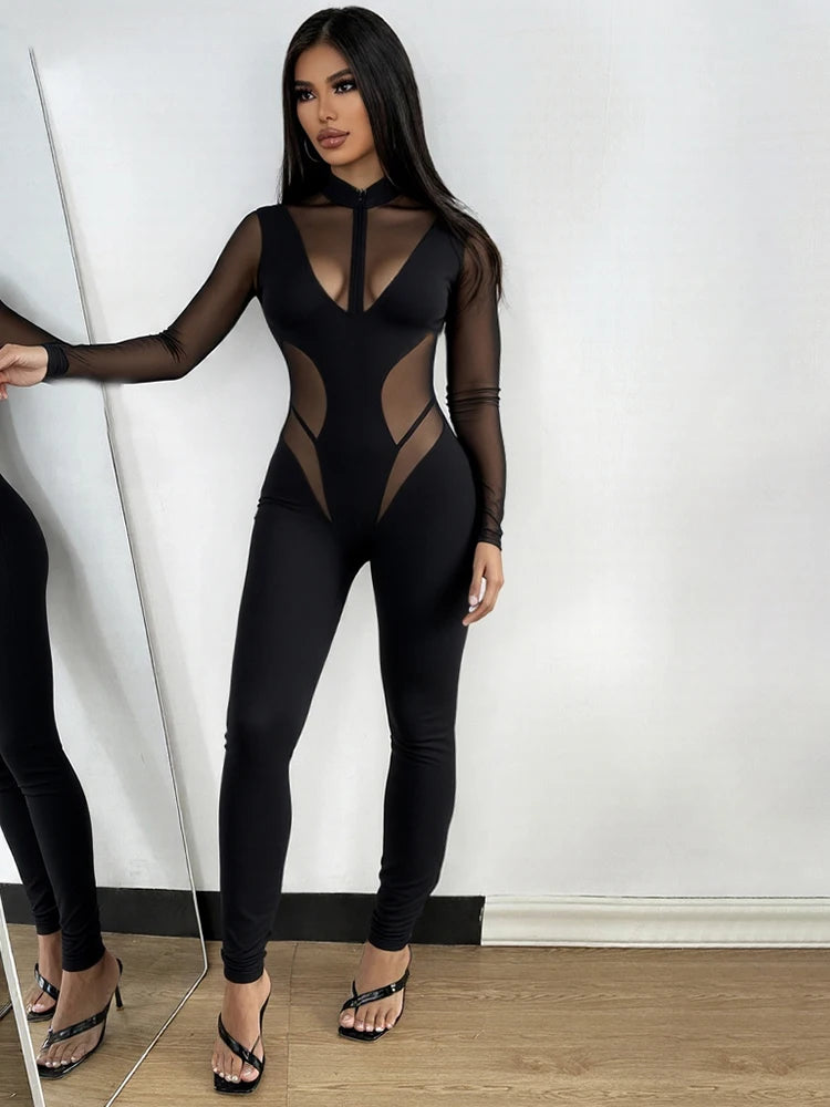Sisterlinda Patchwork Jumpsuits Women High Neck Zipper Long Sleeve See Through Stretch Skinny  Midnight Coquett Party Clubwear