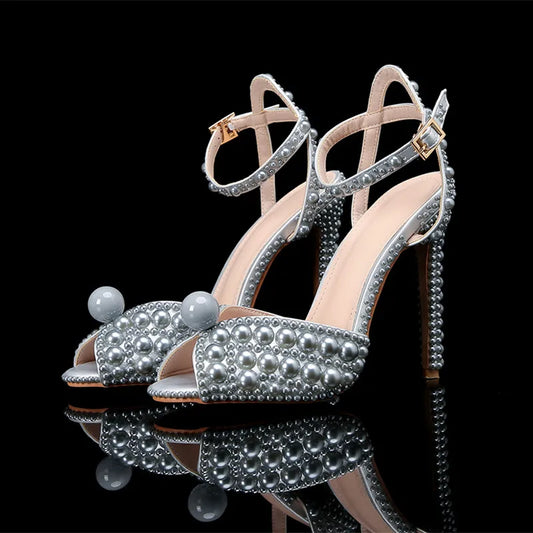 Luxury Handmade Pearl Peep Toe Women Sandals Fashion Summer Wedding Princess Thin High heels Elegant Party Prom Bridal Shoes