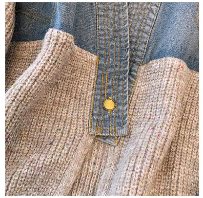 Fat mm200 Pounds Vintage Denim Patchwork Sweater Coat ins Fashion Woman 2024 Autumn and Winter Thickened Loose Niche Cardigan