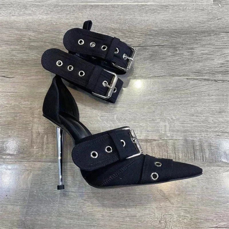 New Women Denim Metal Rivet Buckle Sandals Women Sexy Punk Style Pointed Hollow Metal 11cm High Heel Knee High Boots Size34-43
