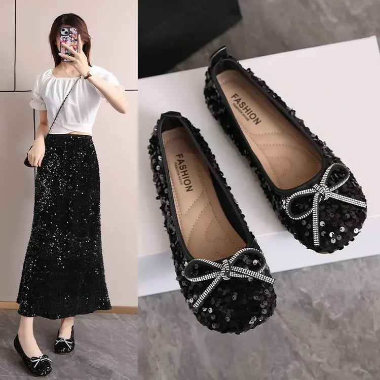 2026 Women Bling Flats Shoes Casual Walking Shoes Spring New Round Toe Bowtie Female Fashion Brand Dress Zapatillas Mujer