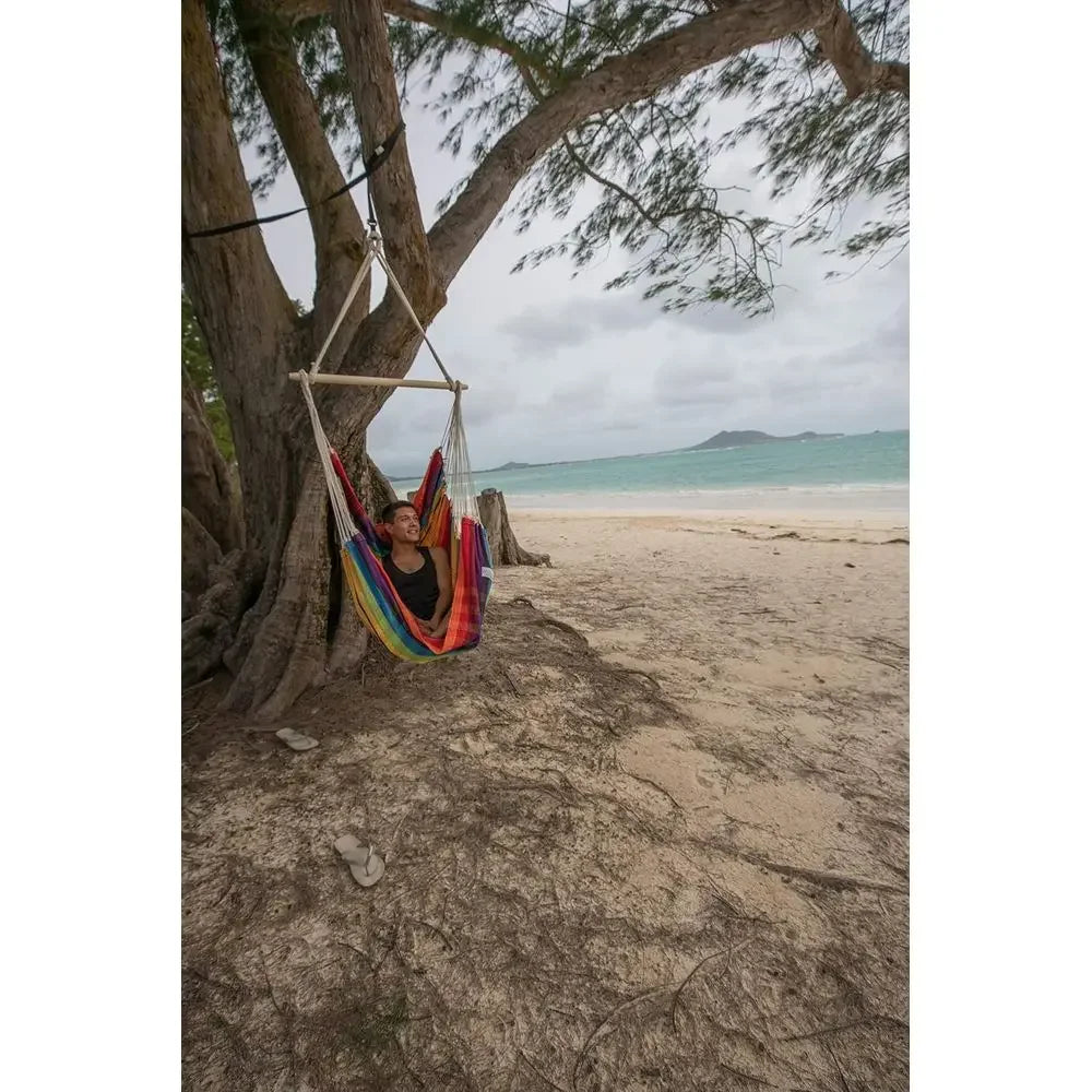 Brazilian-Made Rainbow Hammock Chair: Cotton-Polyester Blend, Suitable for Indoor and Outdoor Use, Supports Up to 240lbs