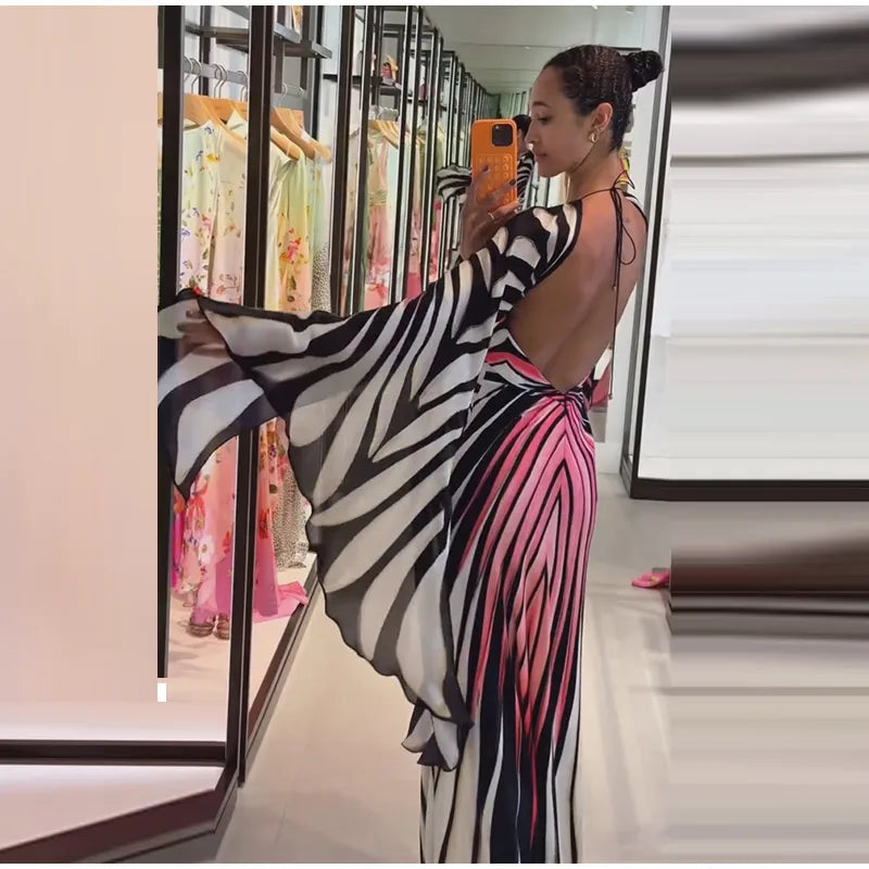 Chic Gradient Stripe Halter Dress Women Butterfly Sleeve Backless Slim Floor-length Dresses 2026 New Lady Party Evening Gown ﻿