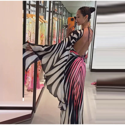 Chic Gradient Stripe Halter Dress Women Butterfly Sleeve Backless Slim Floor-length Dresses 2026 New Lady Party Evening Gown ﻿
